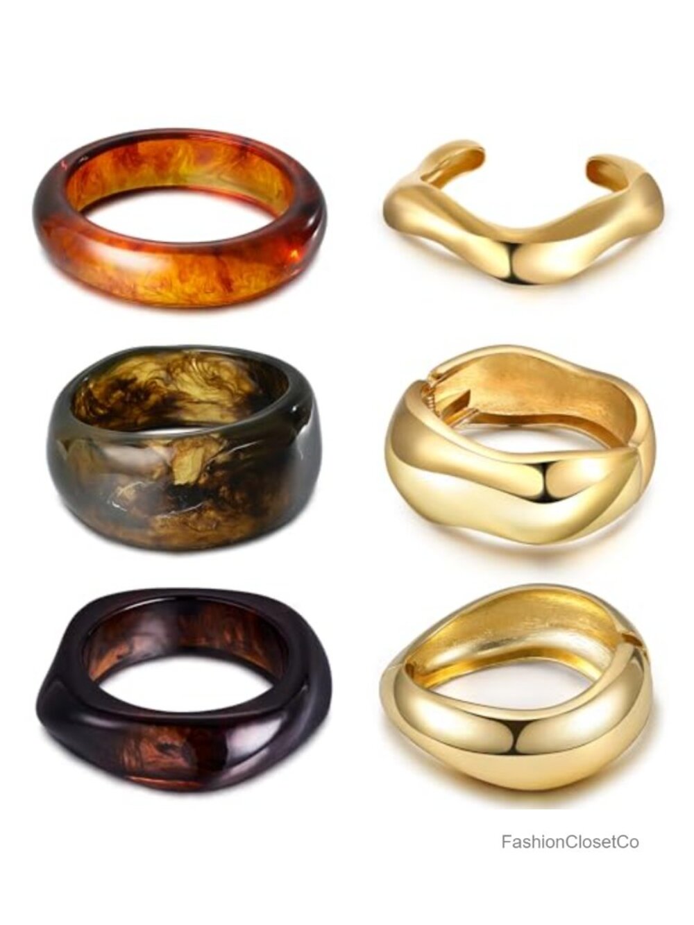 6-Piece Chunky Bangle Set Acrylic Resin Gold Plated Stackable Cuff Bracelets